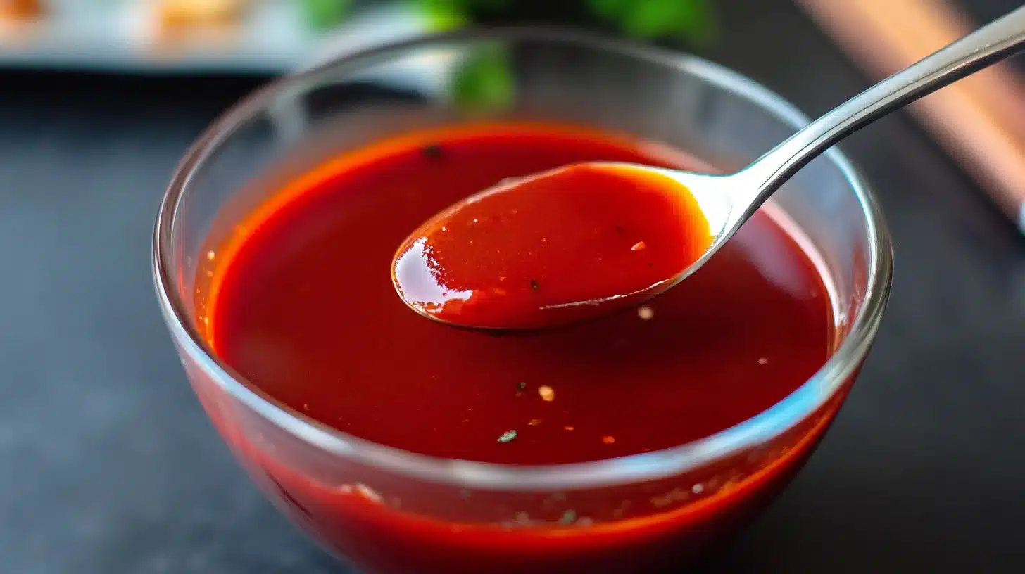 A bowl of glossy Japanese BBQ sauce with a basting brush, surrounded by soy sauce, garlic, ginger, and sesame seeds.