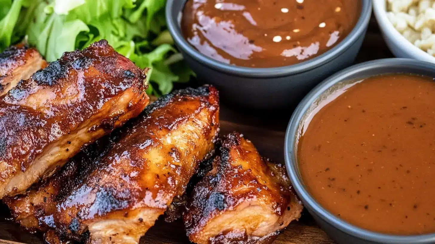 A jar of homemade Carolina Gold BBQ sauce with a golden-yellow hue, drizzled over grilled pork, with mustard, vinegar, and spices in the background.