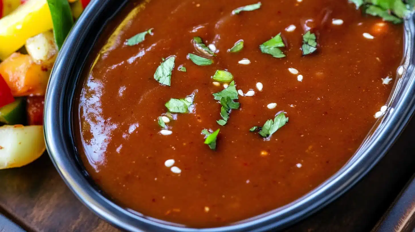 A bowl of rich, glossy Korean BBQ sauce with sesame seeds and chopped green onions, surrounded by key ingredients like soy sauce, garlic, ginger, and gochujang.