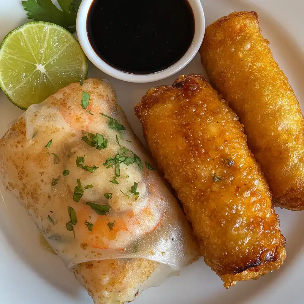 Fresh Vietnamese spring rolls and crispy fried spring rolls side by side on a white plate, showcasing calorie differences.