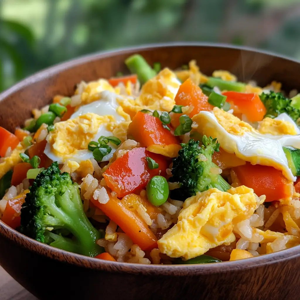 A bowl of egg fried rice with vegetables and green onions on top.