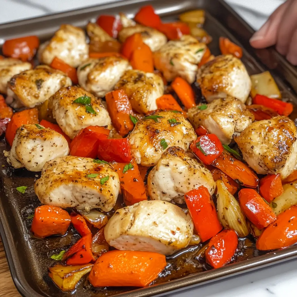 A rustic tray of roasted chicken breasts with colorful vegetables like bell peppers, broccoli, and onions.