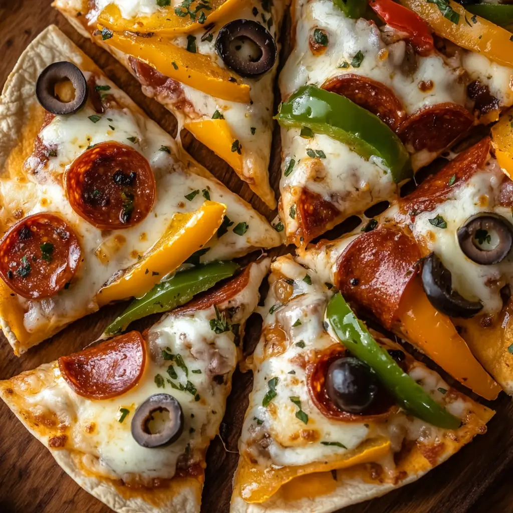 Crispy tortilla pizzas topped with cheese and colorful vegetables on a wooden table