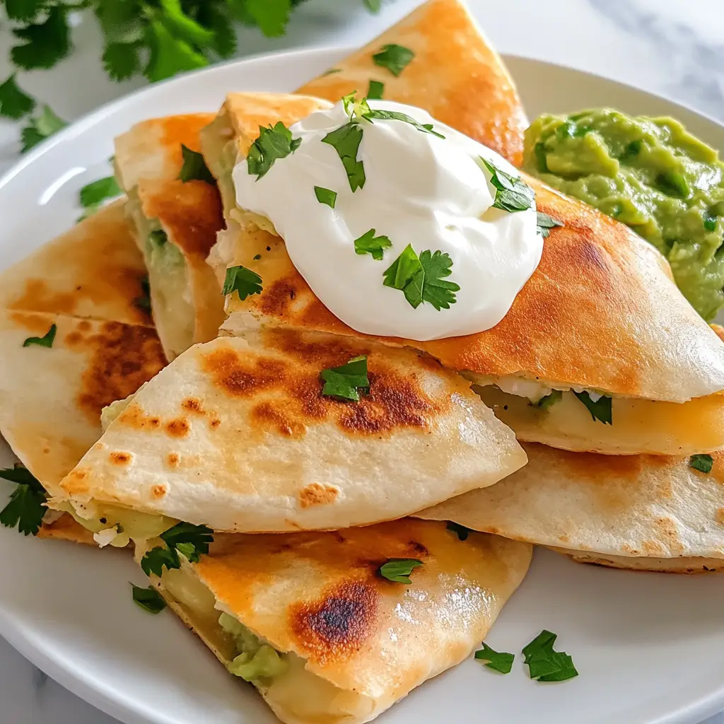 Golden cheesy quesadillas cut into wedges with salsa and guacamole