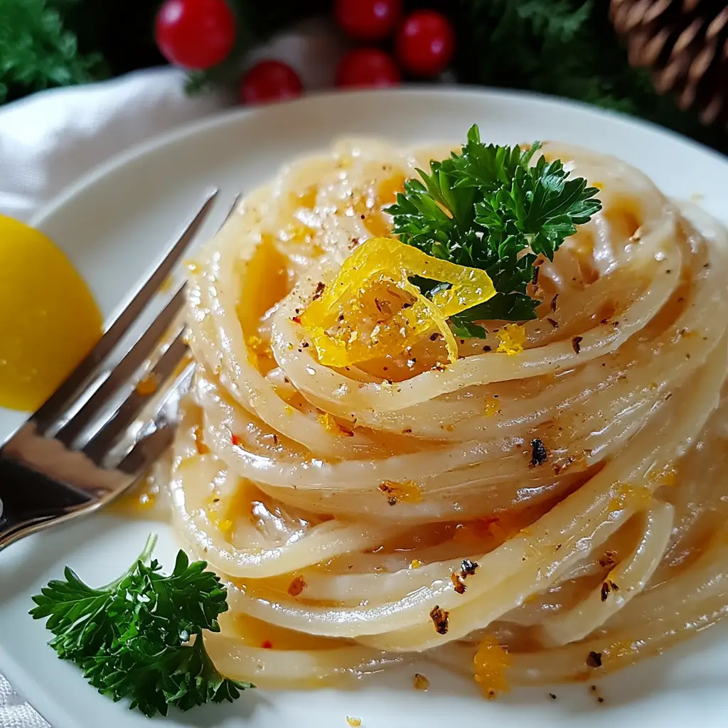 Top-down view of Pasta Aglio e Olio garnished with parsley and Parmesan on a white plate.