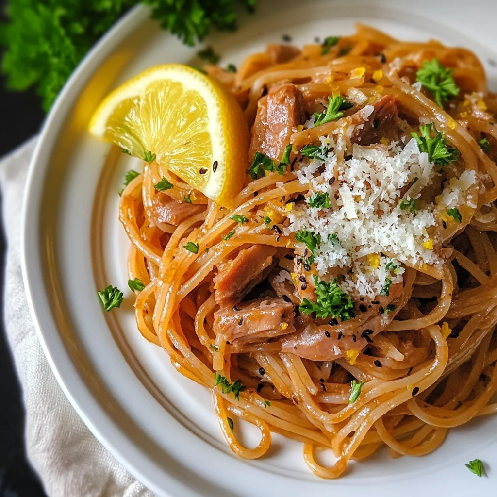 Top-down view of Canned Tuna Pasta garnished with lemon zest and parsley.
