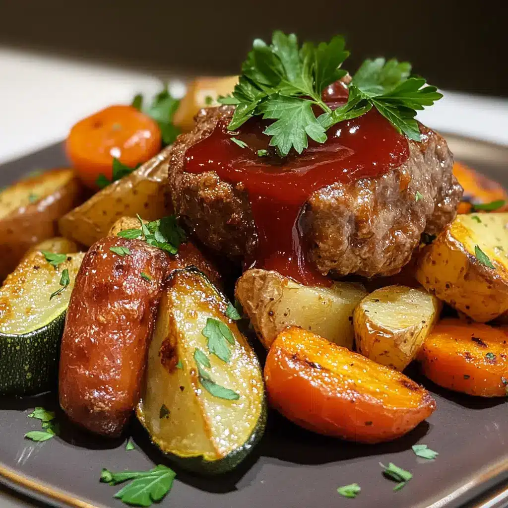 Mini meatloaf served with roasted baby potatoes, carrots, and zucchini on a rustic dinner plate.