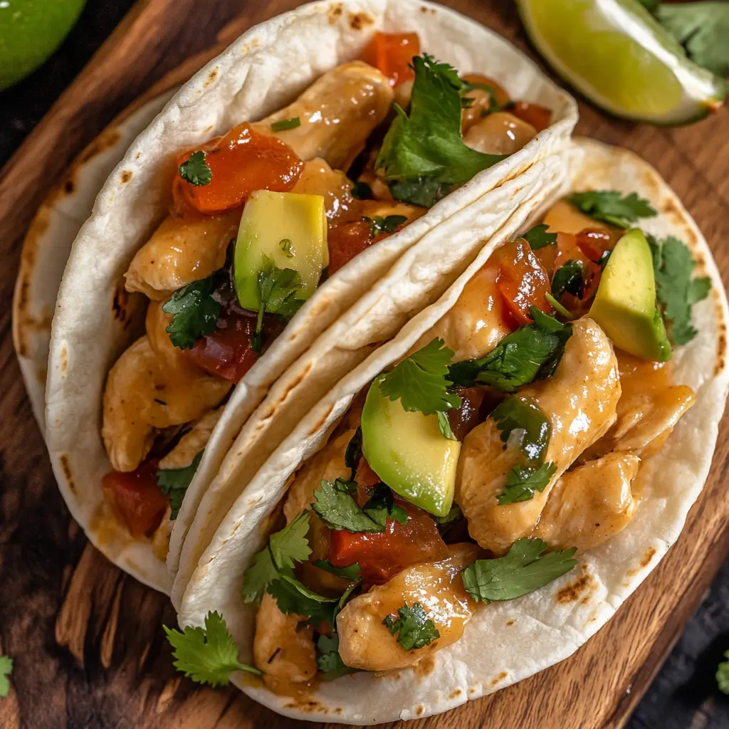 Top-down view of creamy chicken tacos in tortillas topped with avocado, cilantro, and lime.
