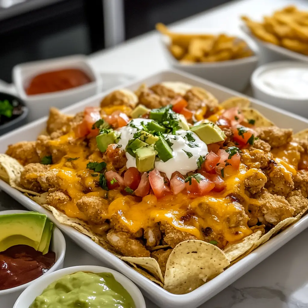 Chicken nuggets topped with melted cheese, avocado, tomatoes, and sour cream arranged like nachos on a serving tray.