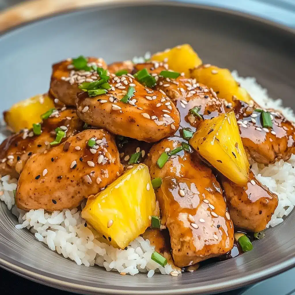 A bowl of teriyaki chicken with pineapple chunks, served over white rice and garnished with green onions