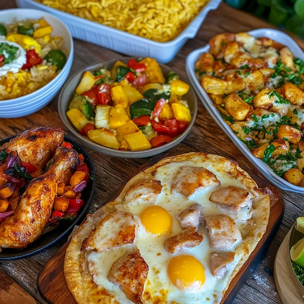 A variety of easy lazy dinner meals including egg fried rice, tortilla pizza, sheet pan chicken, and quesadillas arranged on a rustic kitchen table.
