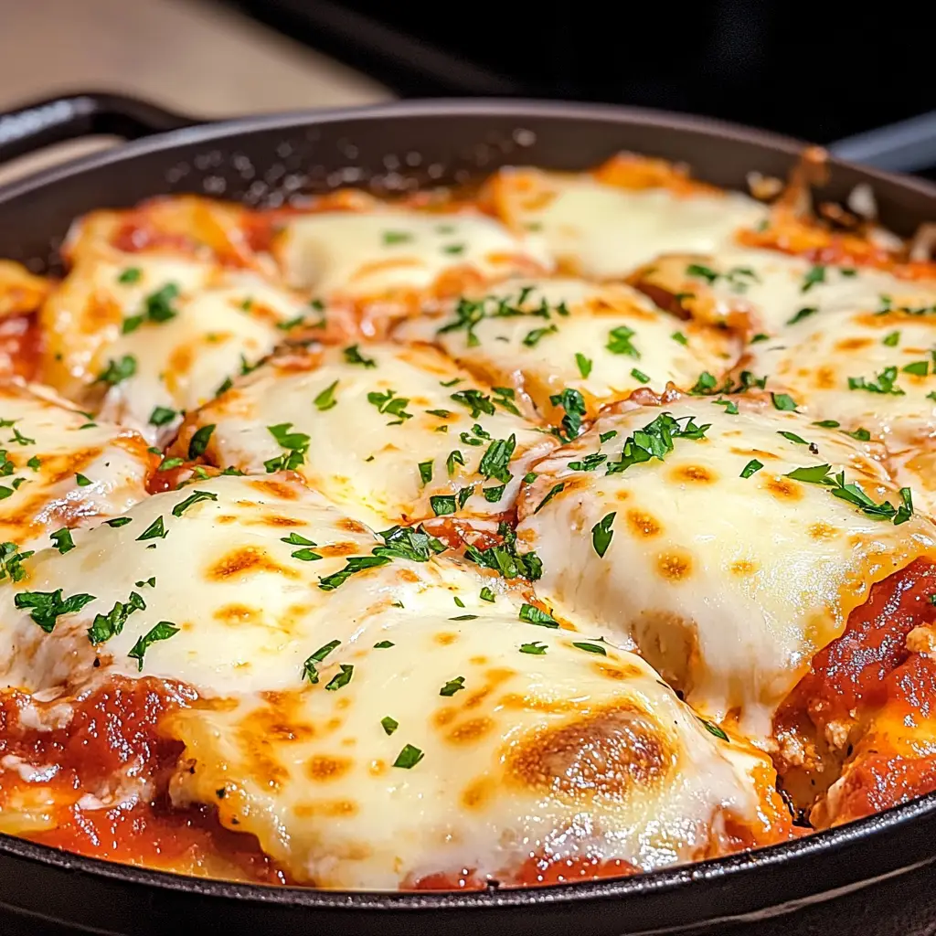 Baked ravioli lasagna with marinara sauce and melted cheese in a casserole dish