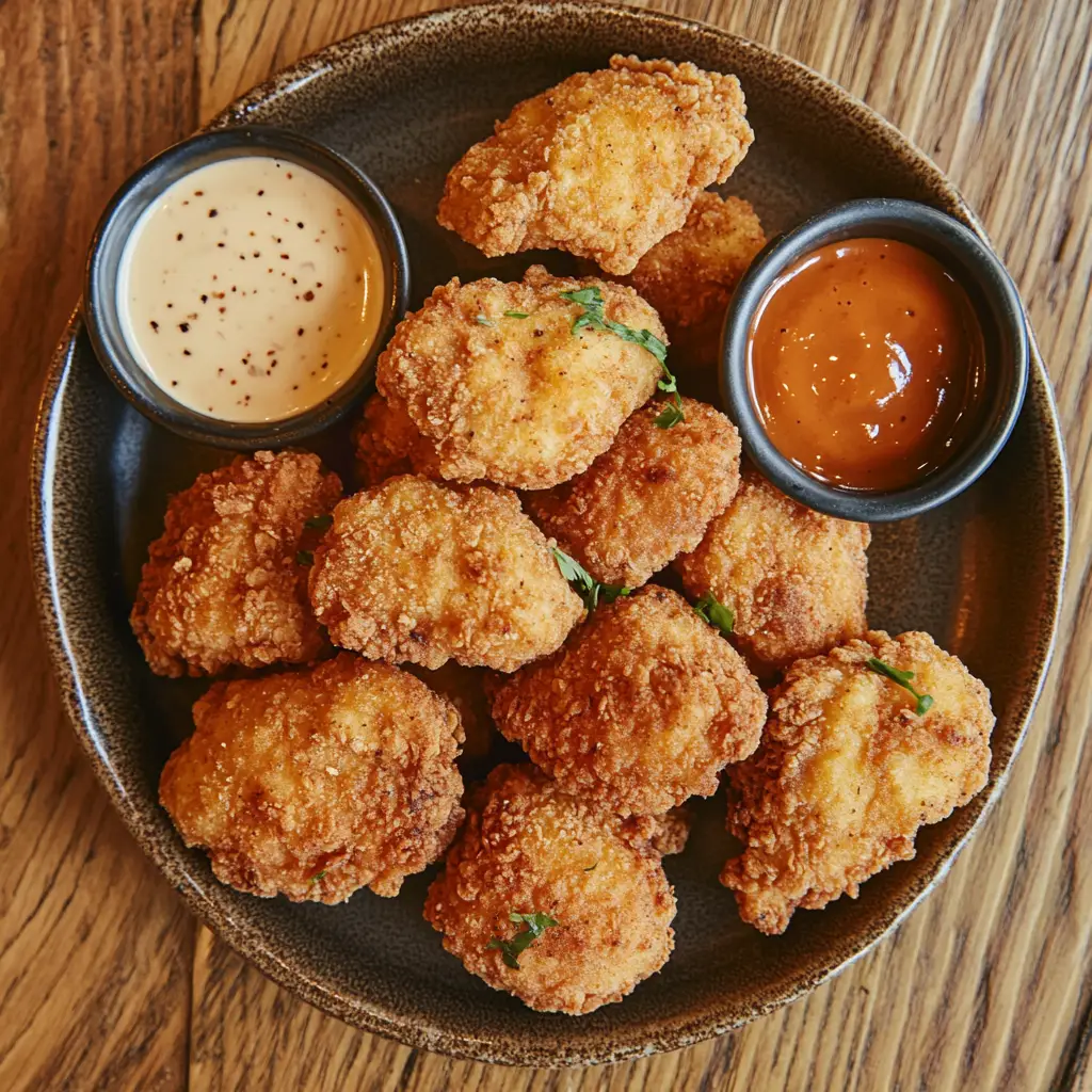 Top-down view of a plate with crispy 3-ingredient chicken nuggets and dipping sauces.