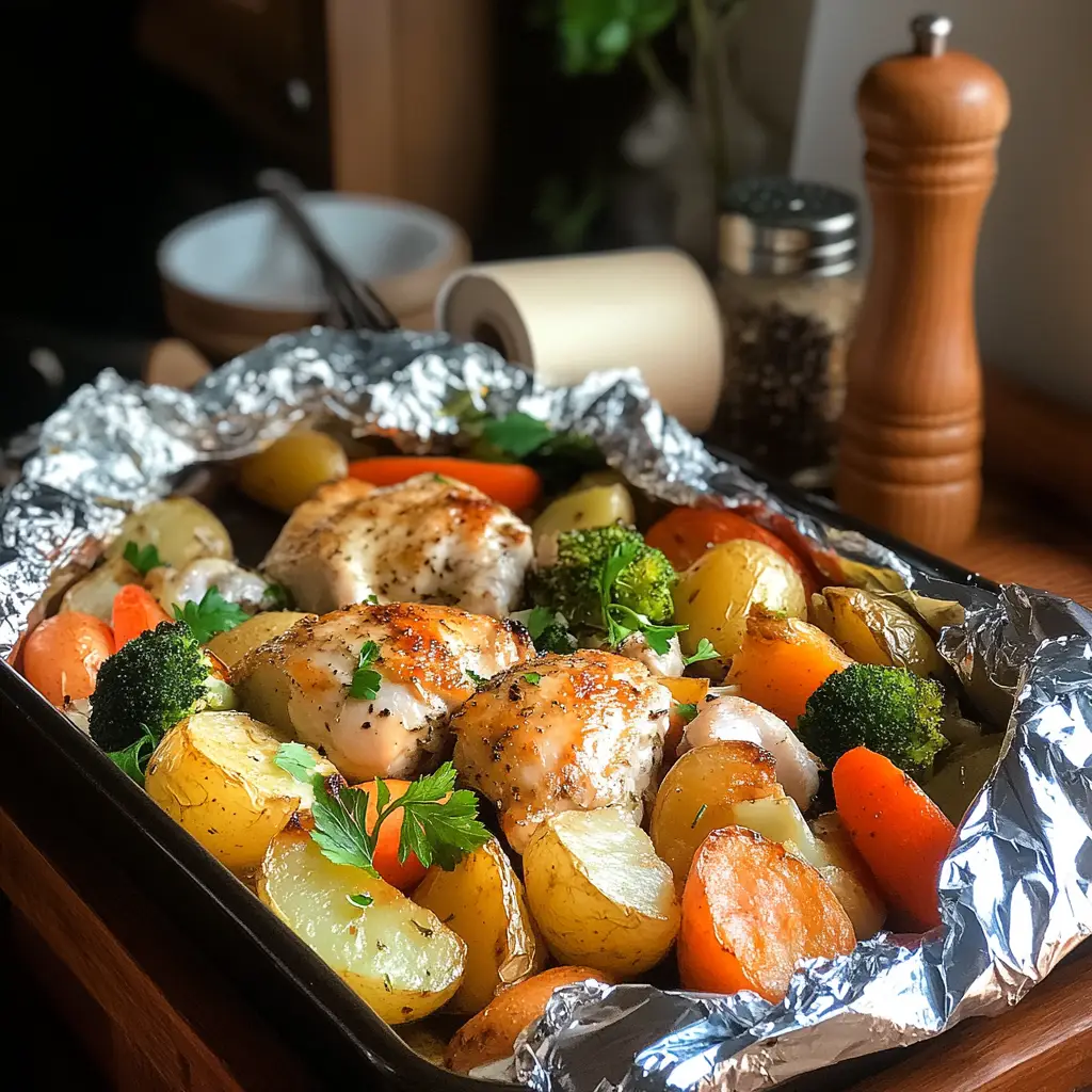 A sheet pan with half of the food covered in aluminum foil and the other half exposed, showing roasted vegetables and chicken cooking in the oven.