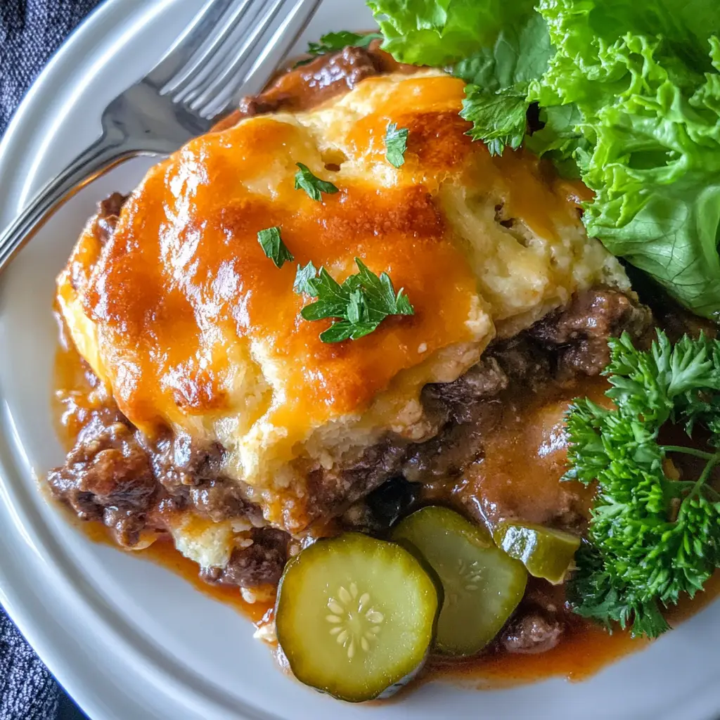 Top-down view of cheeseburger biscuit casserole with golden biscuits and melted cheese.