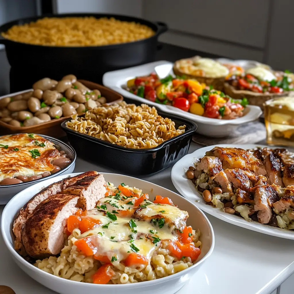 A cozy dinner table featuring simple, budget-friendly meals like pasta, rice bowls, and baked potatoes with toppings.