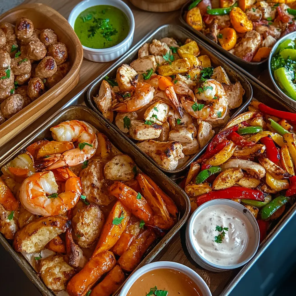 A variety of colorful sheet pan dinners including chicken, shrimp, vegetables, and sausage arranged on multiple baking trays.