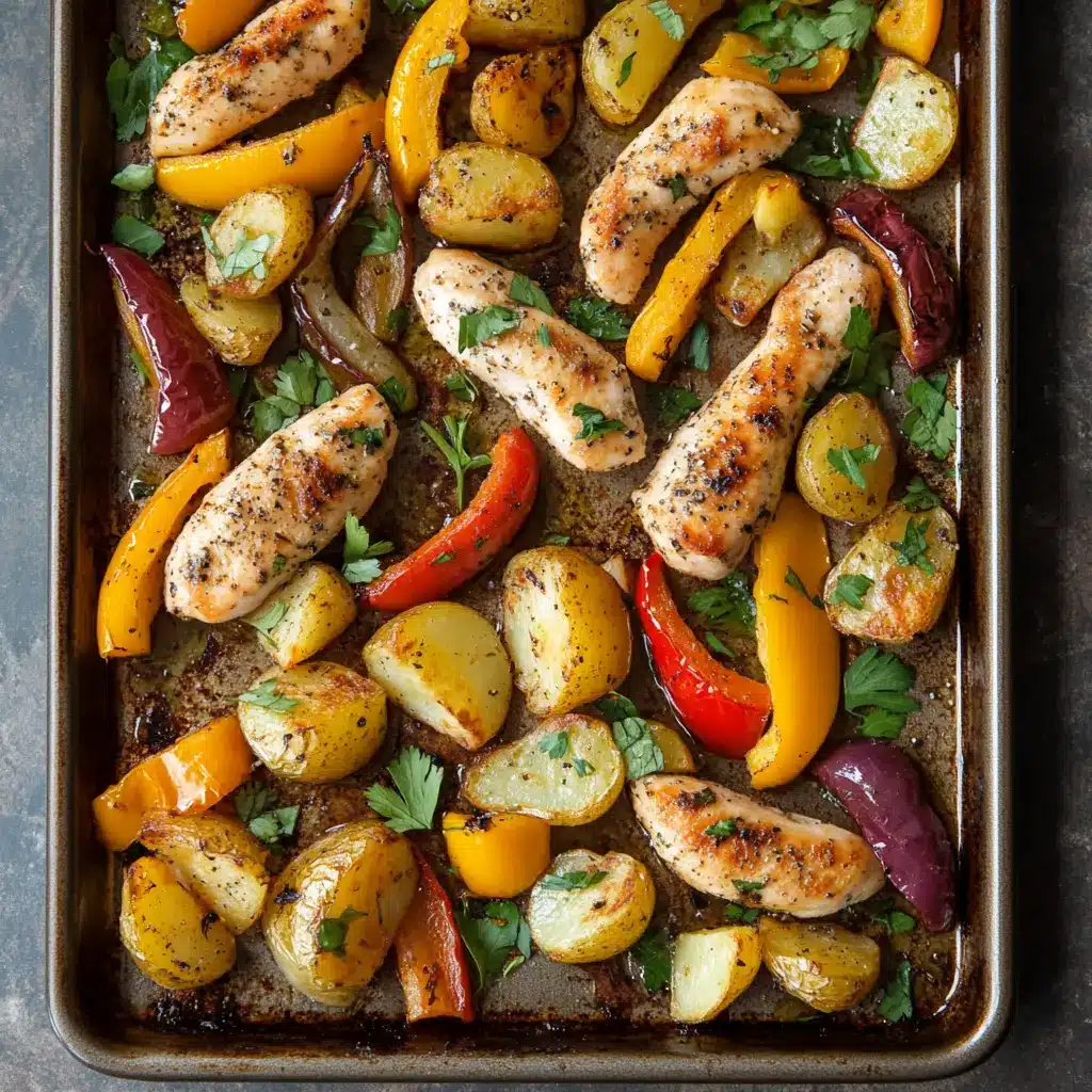 A colorful sheet pan filled with roasted chicken, bell peppers, and potatoes—an easy and kid-friendly dinner option.