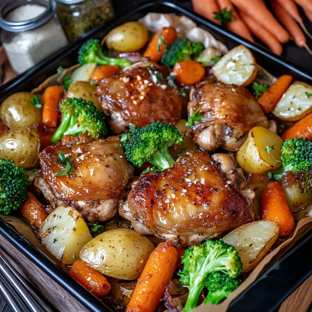 A sheet pan filled with roasted chicken, colorful vegetables, and herbs, displayed on a kitchen counter ready to serve.
