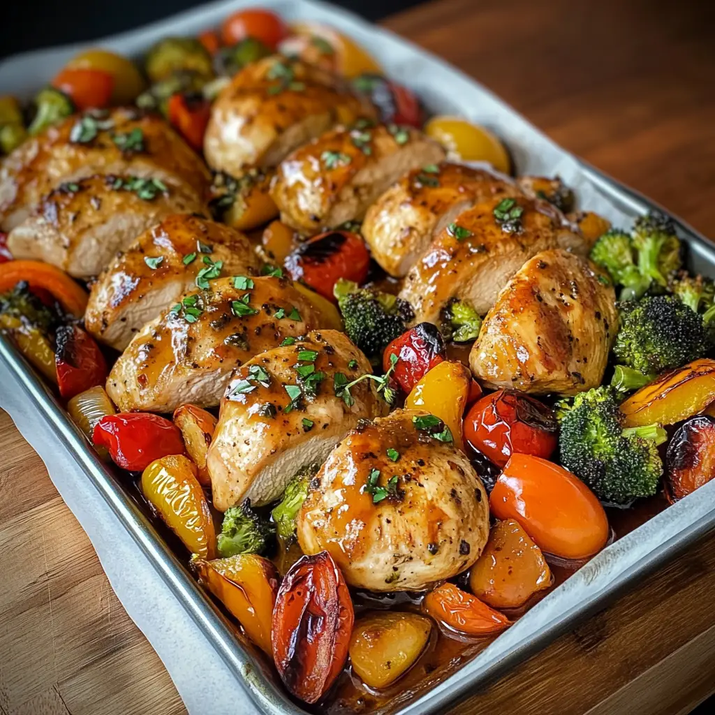 A freshly baked sheet pan dinner with roasted chicken breasts, colorful vegetables like broccoli, bell peppers, and cherry tomatoes, served on a rustic family dinner table.