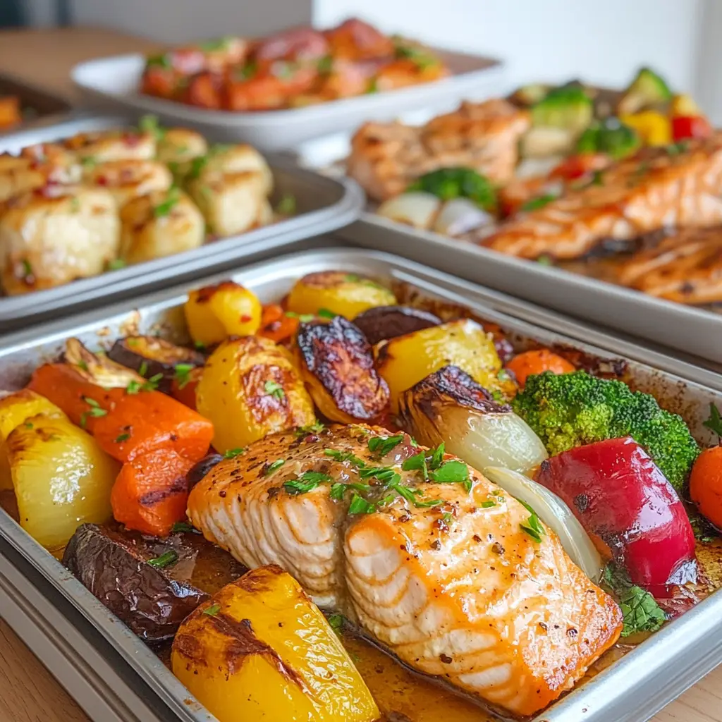 A sheet pan filled with roasted chicken, baby potatoes, and broccoli, seasoned with lemon and garlic, served hot from the oven for an easy 5-ingredient dinner.