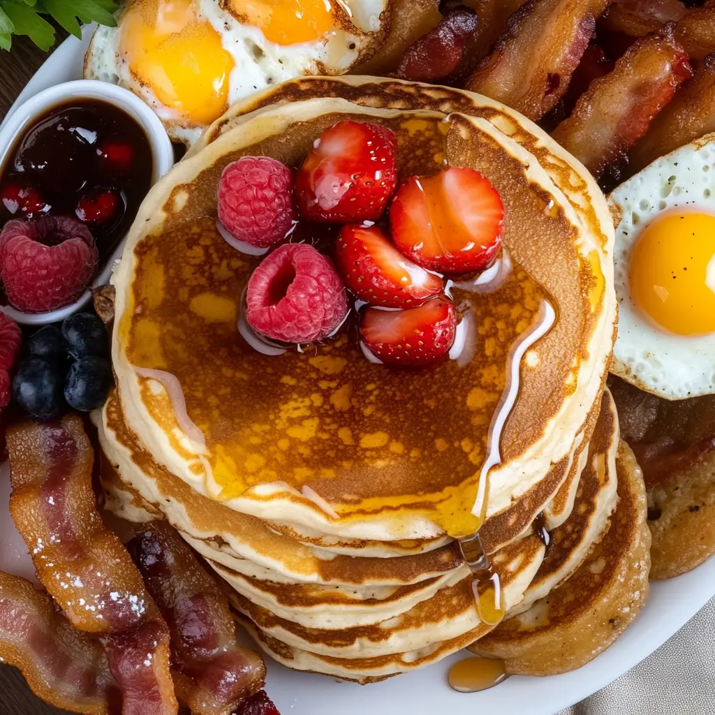 stack of pancakes topped with syrup and fruit, with bacon and eggs on the side.