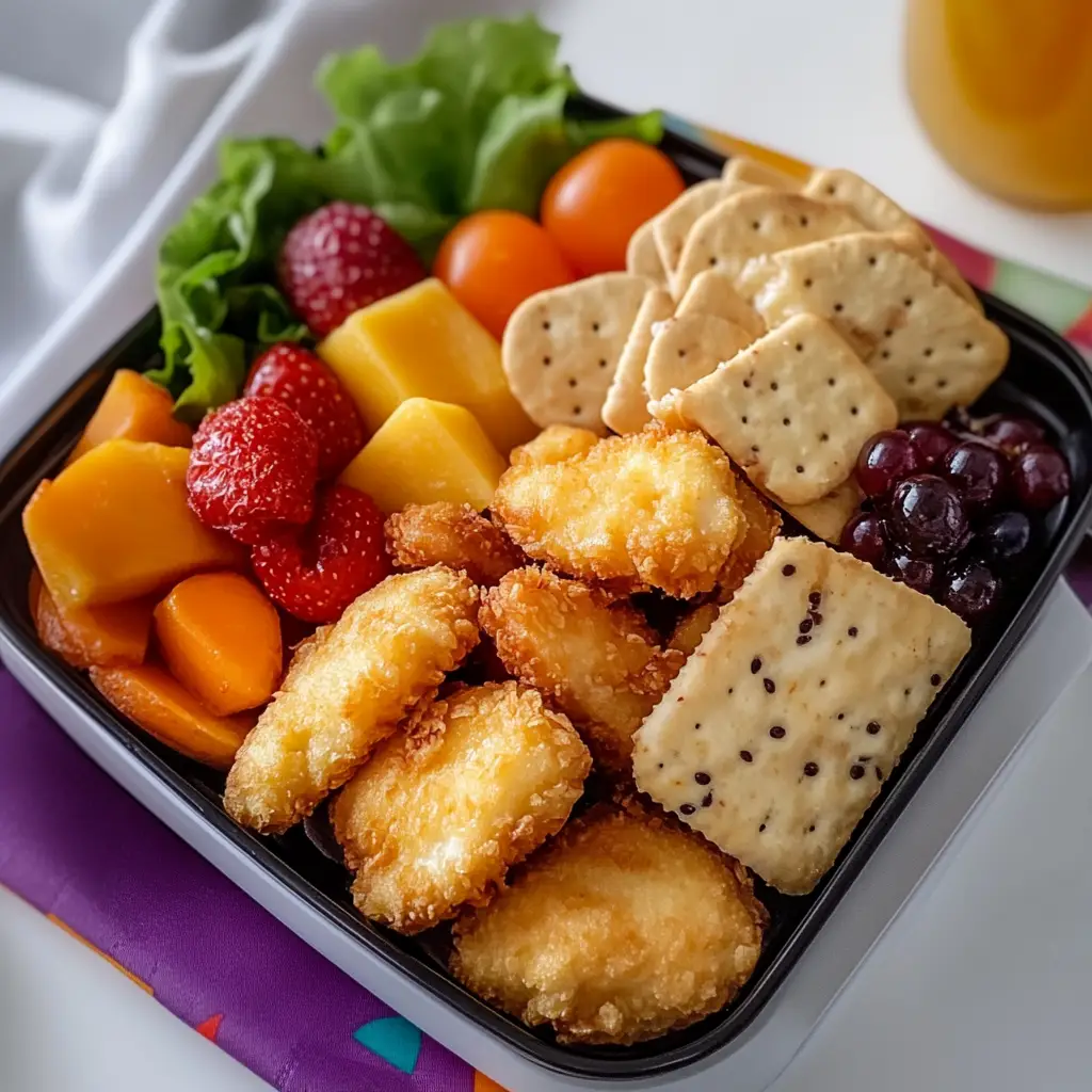 Chicken nugget Lunchable with cheese, crackers, fruit, and dipping sauce in a bento box.