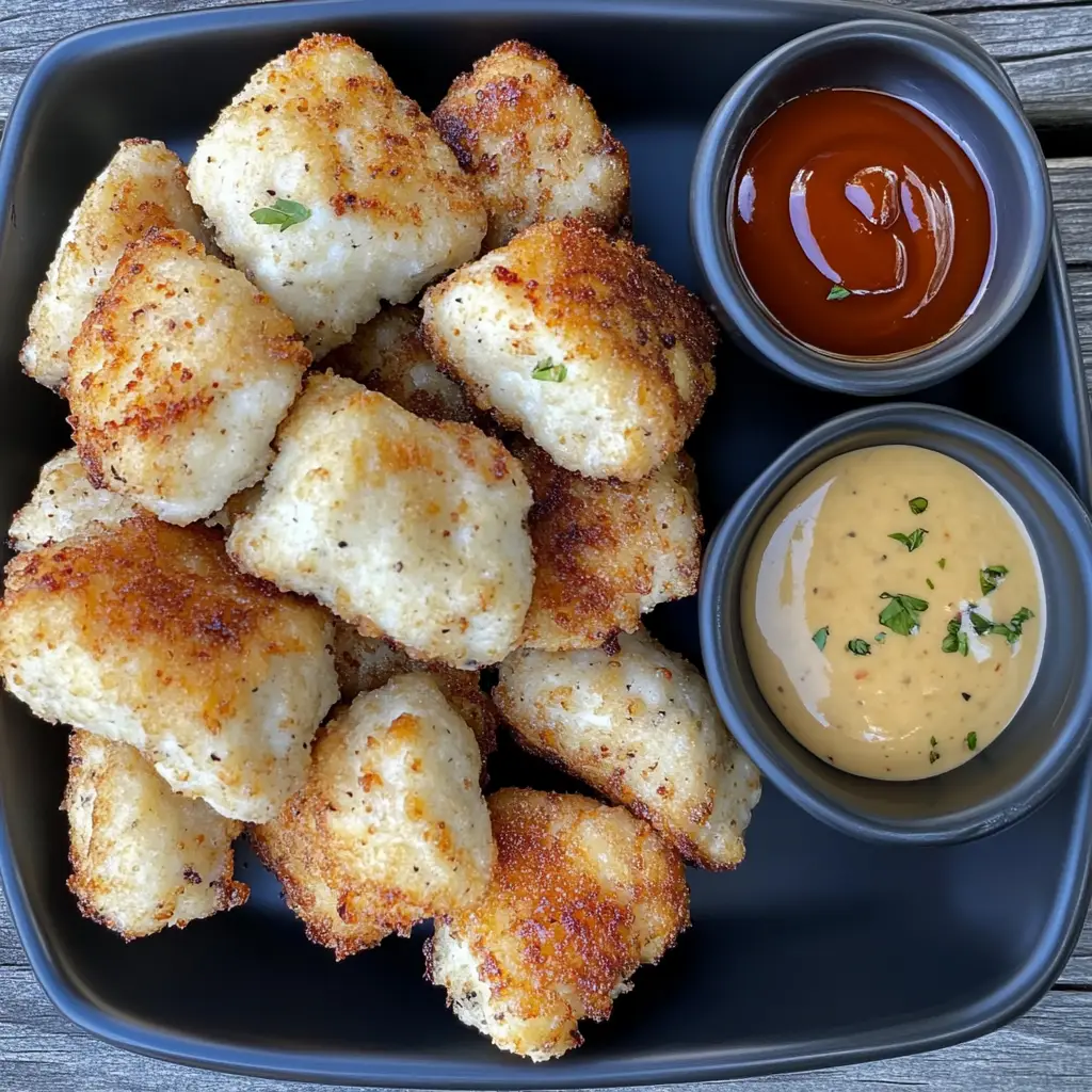 A plate of crispy homemade chicken nuggets with dipping sauces on a rustic wooden table.