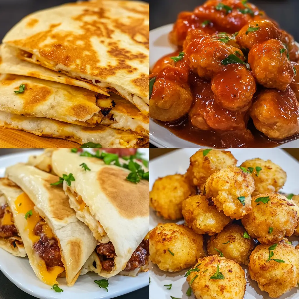 dinners including cheesy quesadillas, saucy meatballs, crispy tater tots, and folded taco melts on white plates.