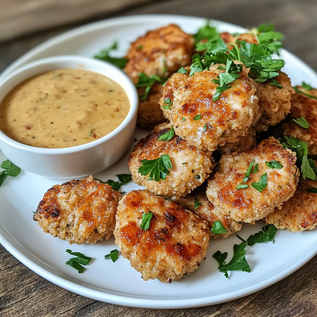 Top-down image of crispy ground chicken nuggets with dipping sauces on a white plate.