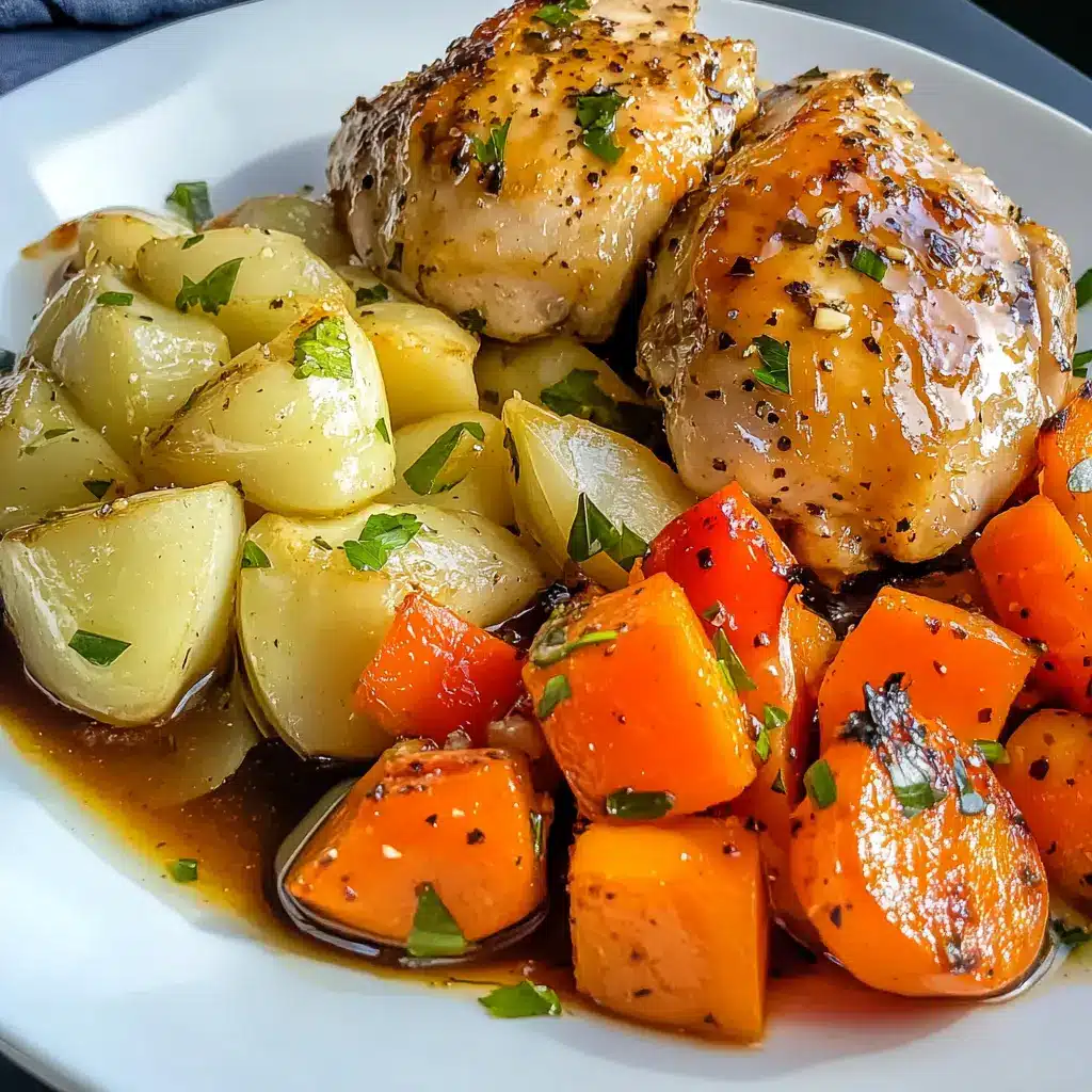 Sheet pan filled with roasted chicken thighs, broccoli, zucchini, and bell peppers — a colorful, low-carb dinner ready to serve.