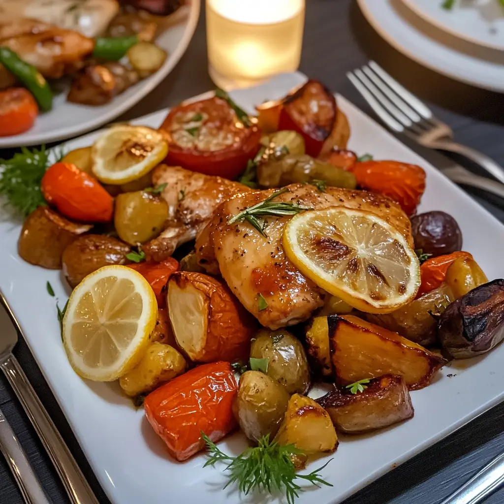 Sheet pan filled with roasted chicken breasts, broccoli, carrots, zucchini, and red bell peppers, all seasoned with herbs and lemon slices.