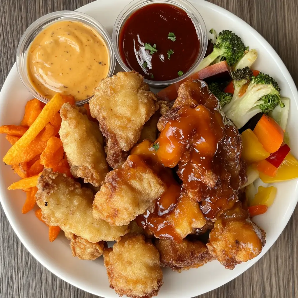 Plate of crispy Kirkland chicken nuggets with dipping sauces and vegetables.