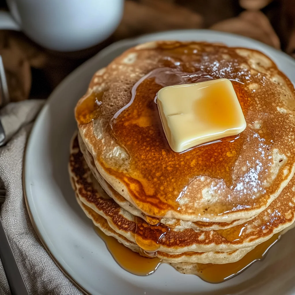 Kodiak pancakes topped with butter and maple syrup on a breakfast plate.