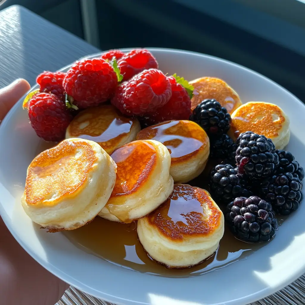 Fluffy mini pancakes stacked on a plate with syrup and berries.