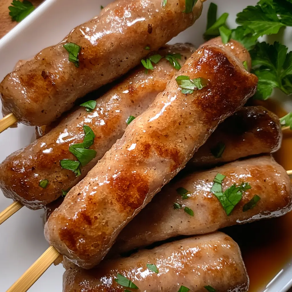 Golden pancake sausages on sticks served with maple syrup on a white plate.