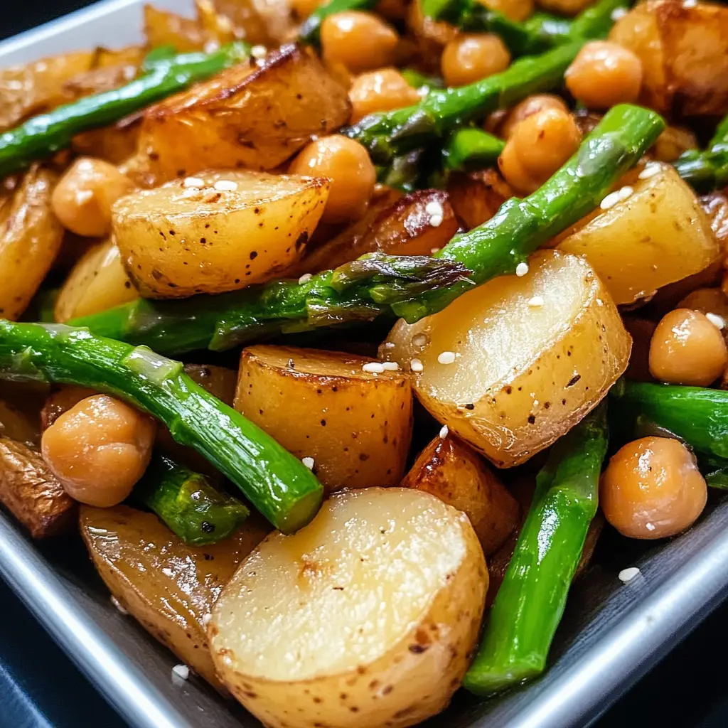 Colorful sheet pan filled with roasted vegetables like potatoes, asparagus, red onion, and chickpeas, showcasing a healthy vegetarian dinner.