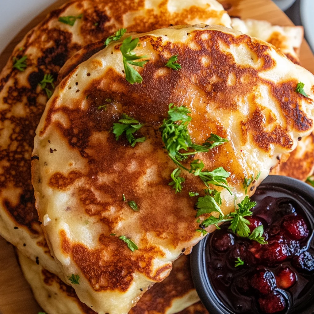 Viking pancakes drizzled with honey on a rustic wooden plate.