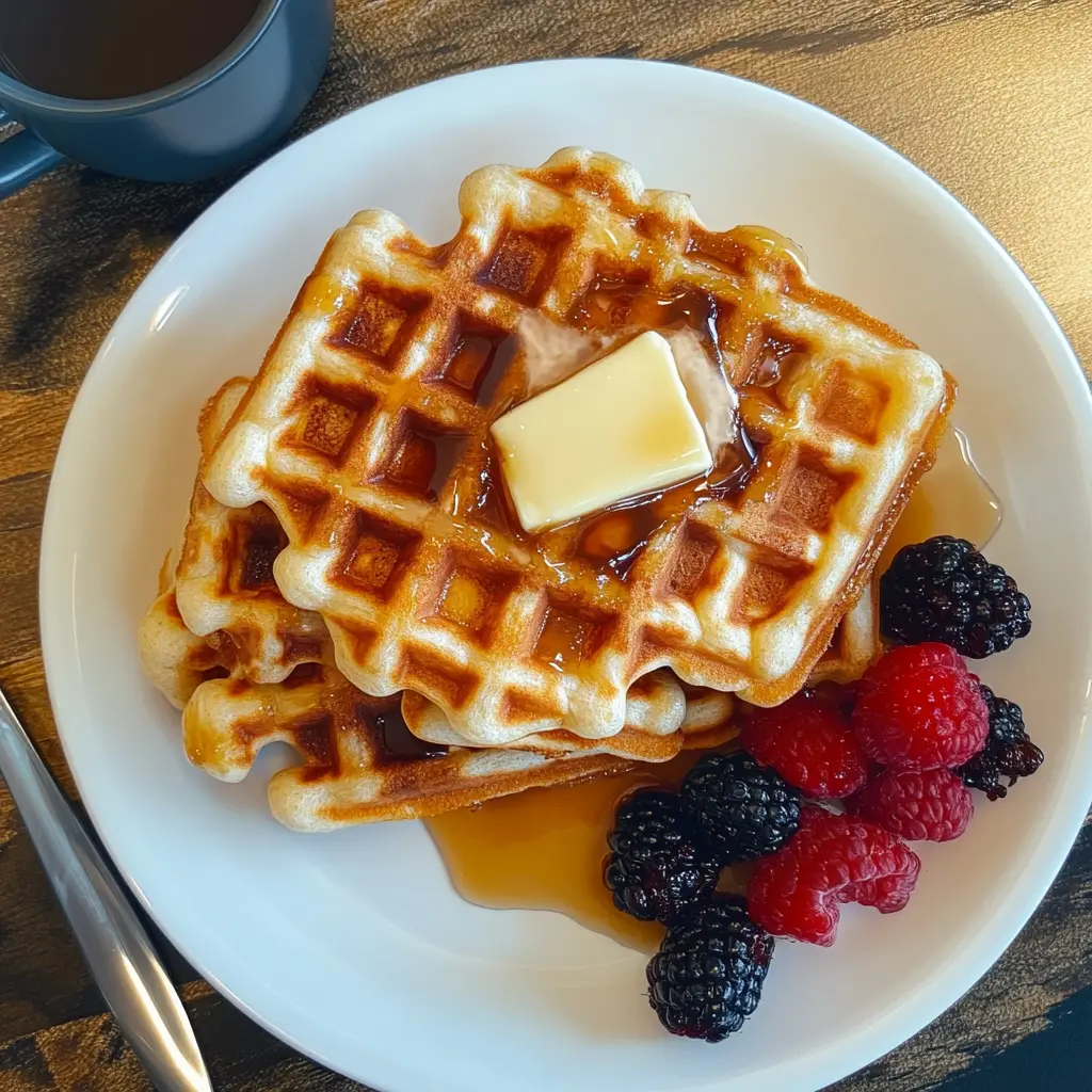 Golden waffles made from pancake mix served with syrup and berries