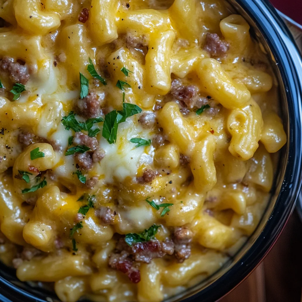 pot of one-pot pasta with sausage, garnished with herbs and cheese.