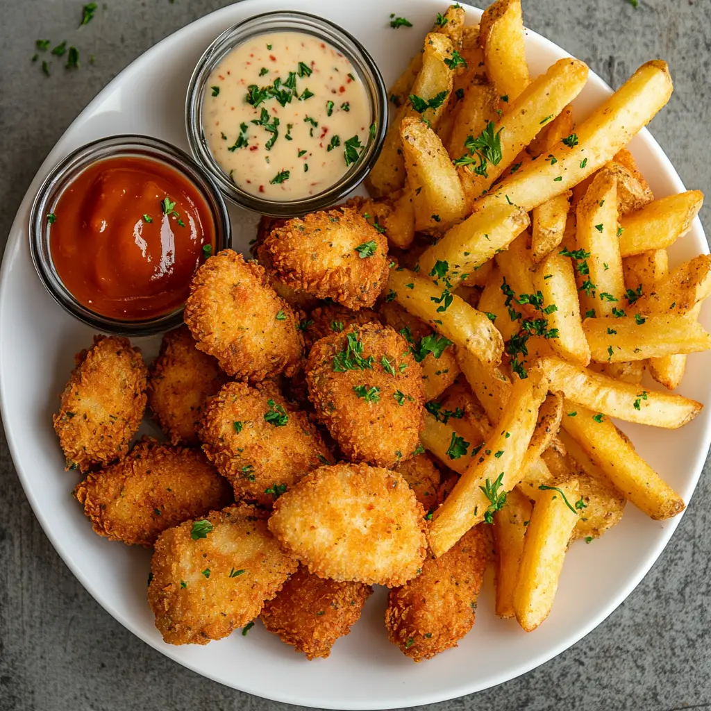 Plate of chicken nuggets and fries with dipping sauces, top-down view