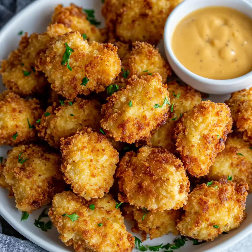 crispy chicken nuggets served with dipping sauces.
