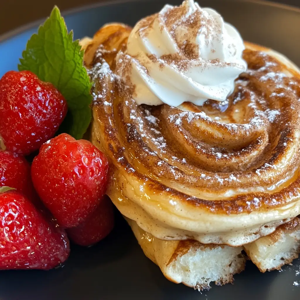A stack of cinnamon swirl pancakes topped with cream cheese glaze and fresh berries.