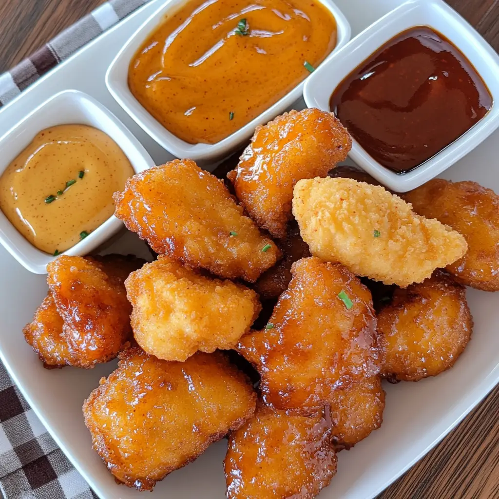 A plate of golden, crispy chicken nuggets with dipping sauces on a rustic wooden table.