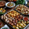 A family-style sheet pan dinner with roasted chicken, baby potatoes, and colorful green beans, served hot on a rustic baking tray for a simple, wholesome meal.