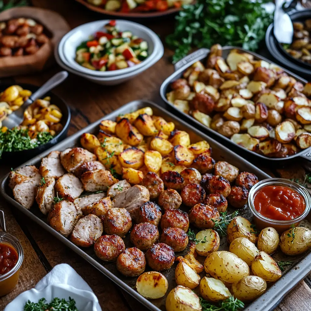 A family-style sheet pan dinner with roasted chicken, baby potatoes, and colorful green beans, served hot on a rustic baking tray for a simple, wholesome meal.