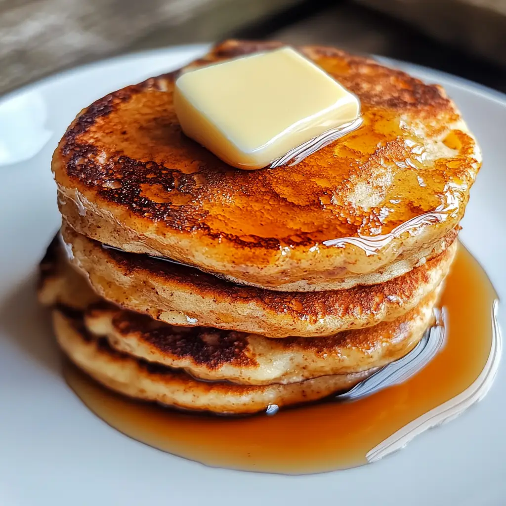 fluffy eggless pancakes topped with butter and maple syrup.