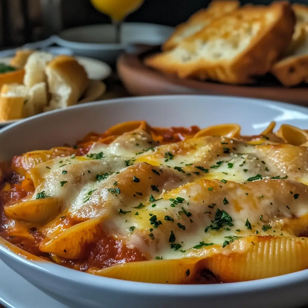 Cheese-Stuffed Pasta Shells and Garlic Bread