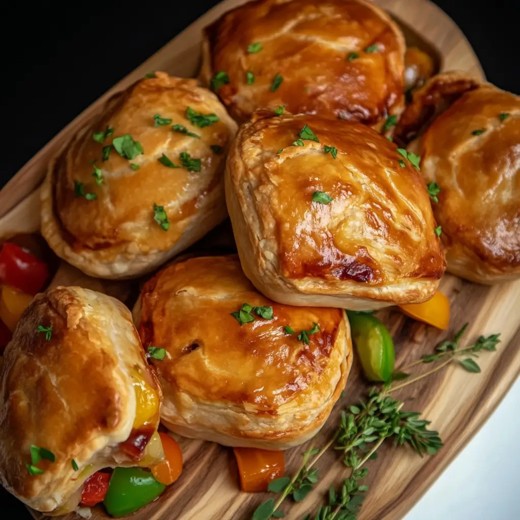 Top-down view of golden mini chicken pot pies in a muffin tin and served on a plate.