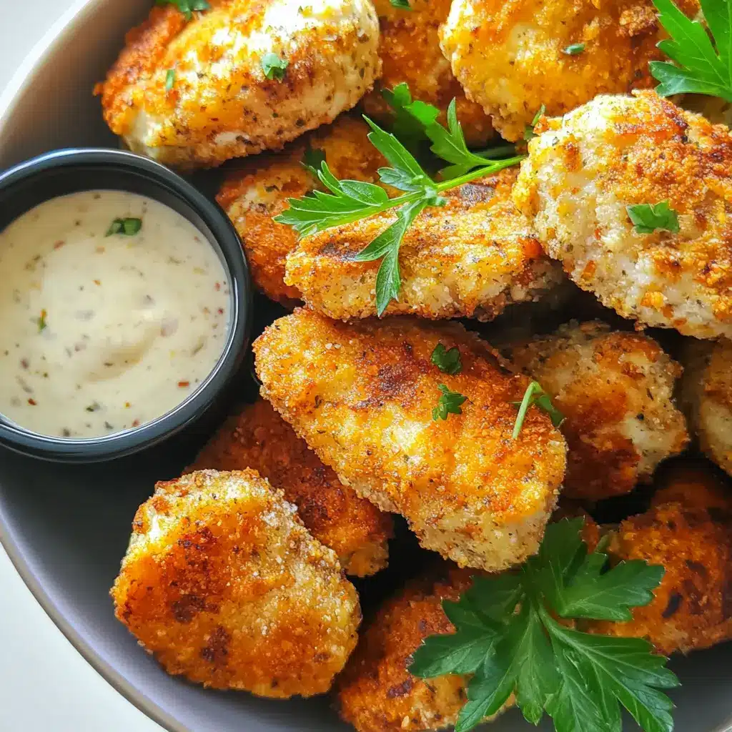 Crispy keto chicken nuggets with dipping sauce on a white table.
